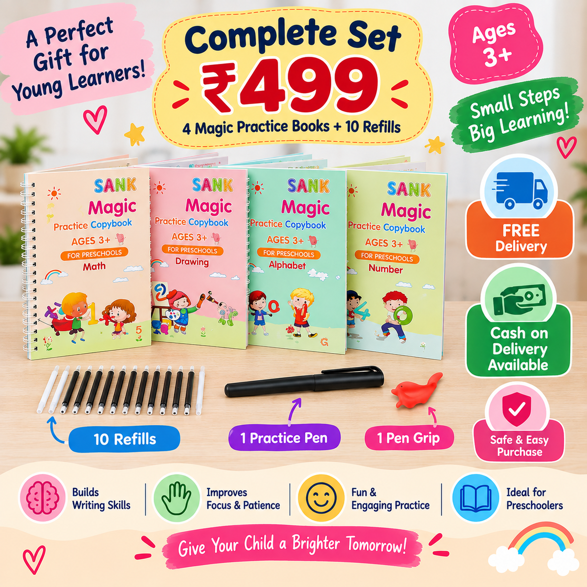 Magic Practice Copybook Set for Handwriting | 4 Books + 10 Refills