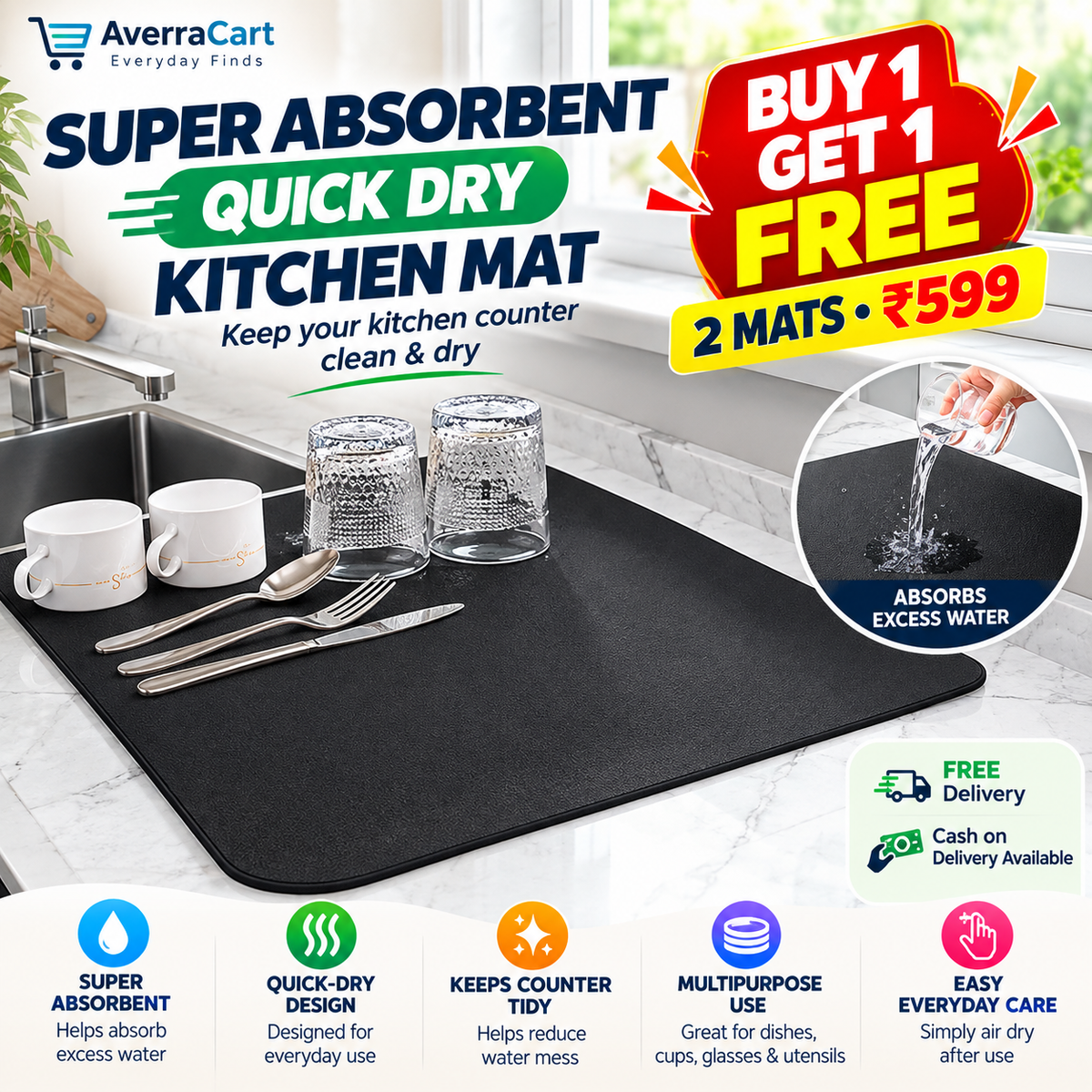 Black super absorbent quick dry kitchen mat beside sink with cups and glasses – Buy 1 Get 1 Free at AverraCart