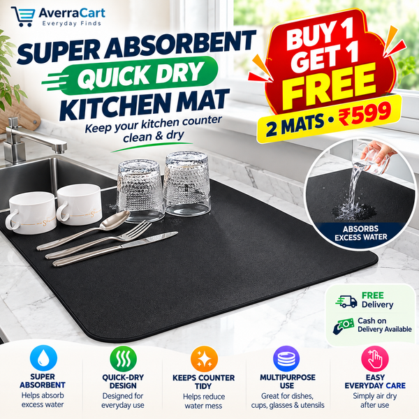 Black super absorbent quick dry kitchen mat beside sink with cups and glasses – Buy 1 Get 1 Free at AverraCart